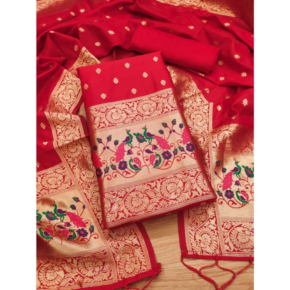 Generic Women's Banarasi Silk Printed Unstitched Salwar Suit Material With Dupatta (Red, 3Mtrs) - Salwar Suit - Material