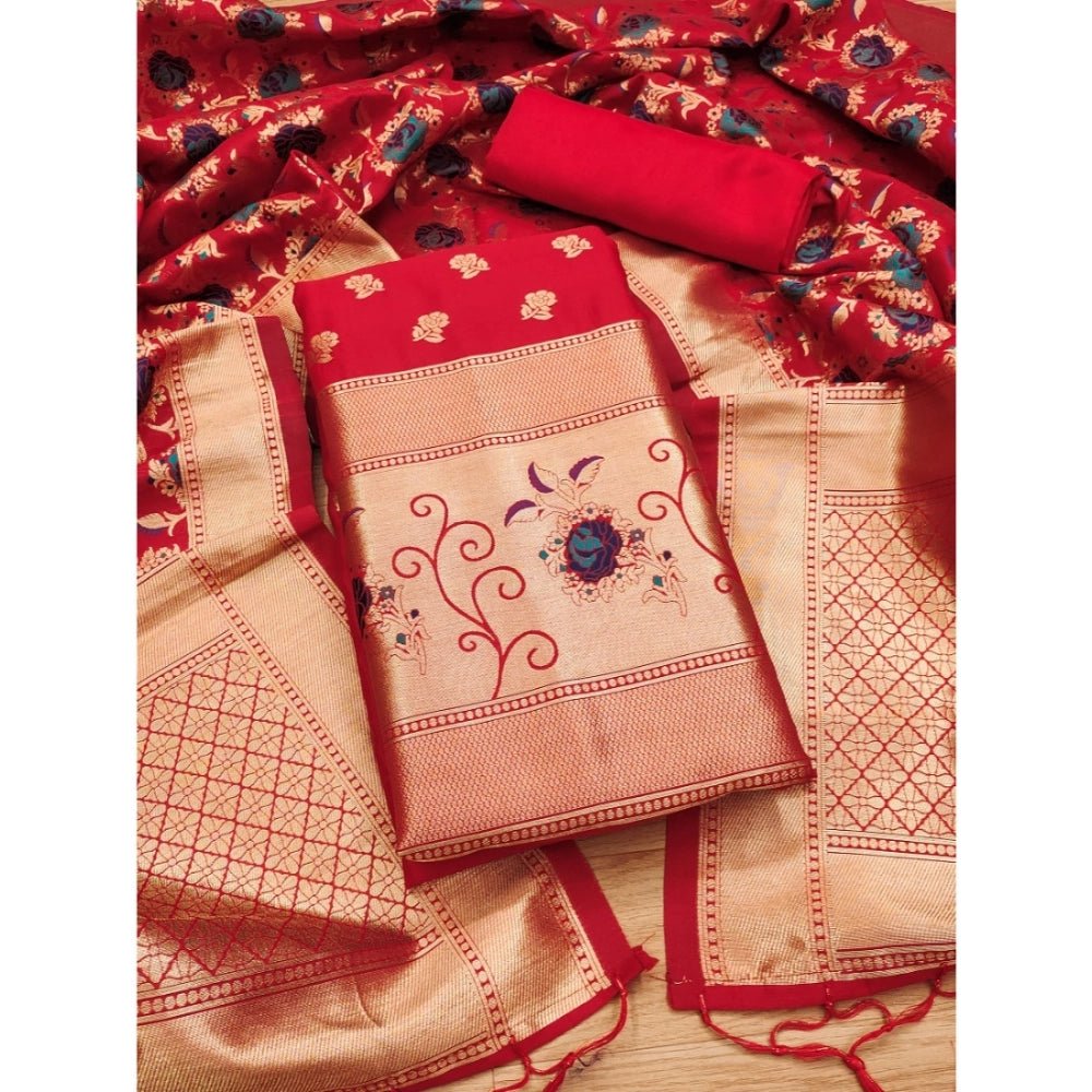 Generic Women's Banarasi Silk Printed Unstitched Salwar Suit Material With Dupatta (Red, 3Mtrs) - Salwar Suit - Material