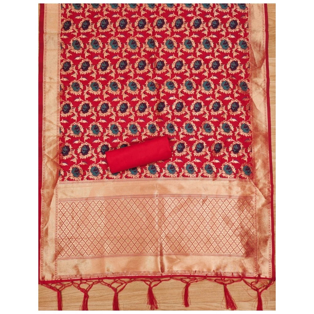Generic Women's Banarasi Silk Printed Unstitched Salwar Suit Material With Dupatta (Red, 3Mtrs) - Salwar Suit - Material
