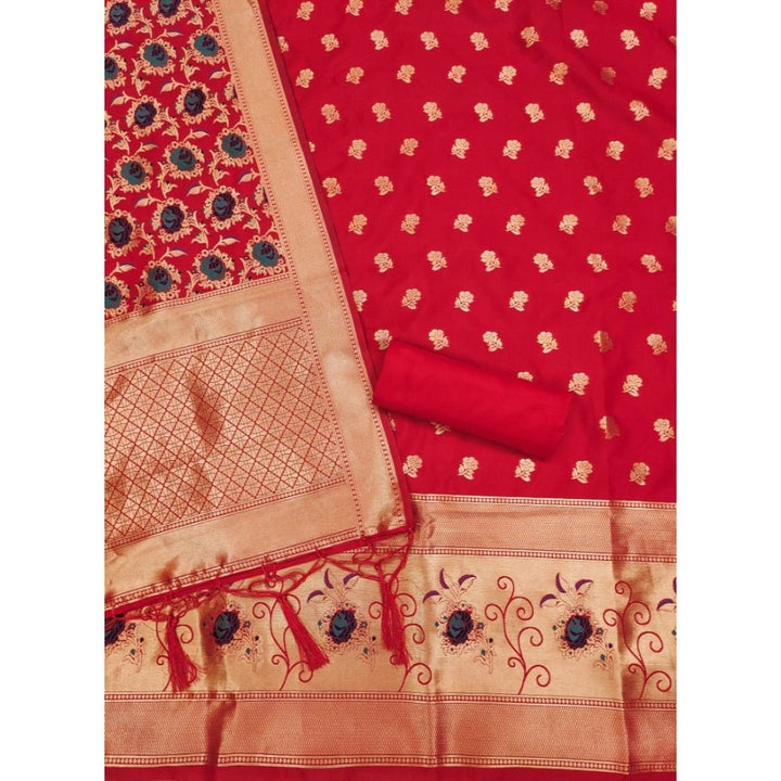 Generic Women's Banarasi Silk Printed Unstitched Salwar Suit Material With Dupatta (Red, 3Mtrs) - Salwar Suit - Material