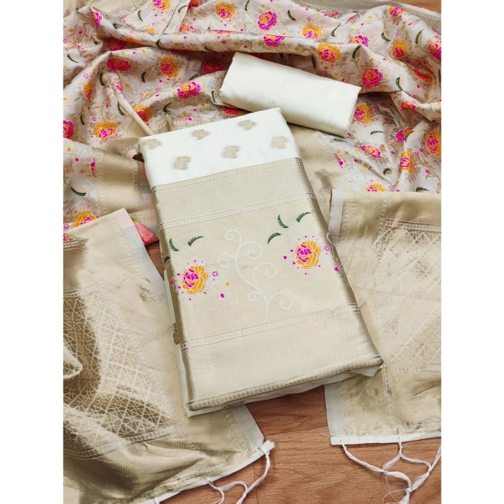 Generic Women's Banarasi Silk Printed Unstitched Salwar Suit Material With Dupatta (White, 3Mtrs) - Salwar Suit - Material