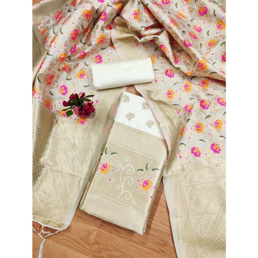 Generic Women's Banarasi Silk Printed Unstitched Salwar Suit Material With Dupatta (White, 3Mtrs) - Salwar Suit - Material