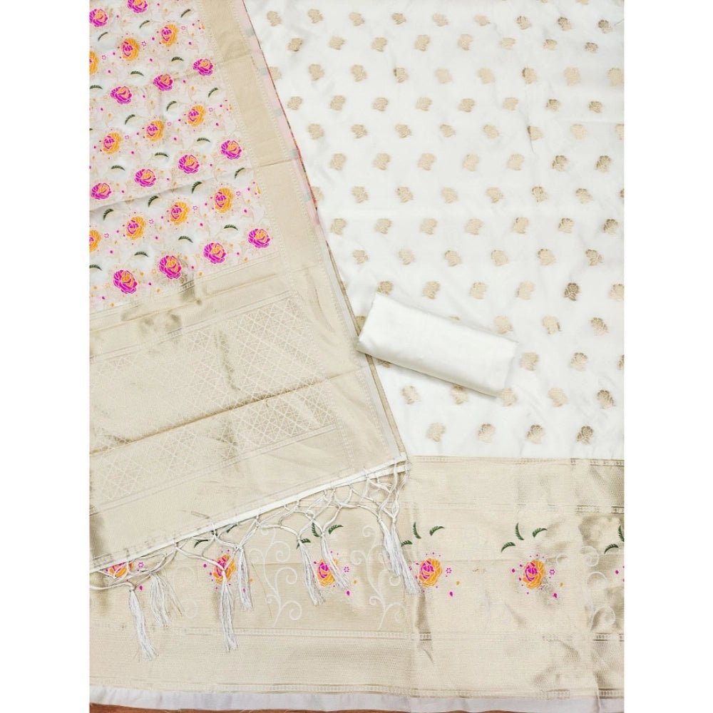 Generic Women's Banarasi Silk Printed Unstitched Salwar Suit Material With Dupatta (White, 3Mtrs) - Salwar Suit - Material