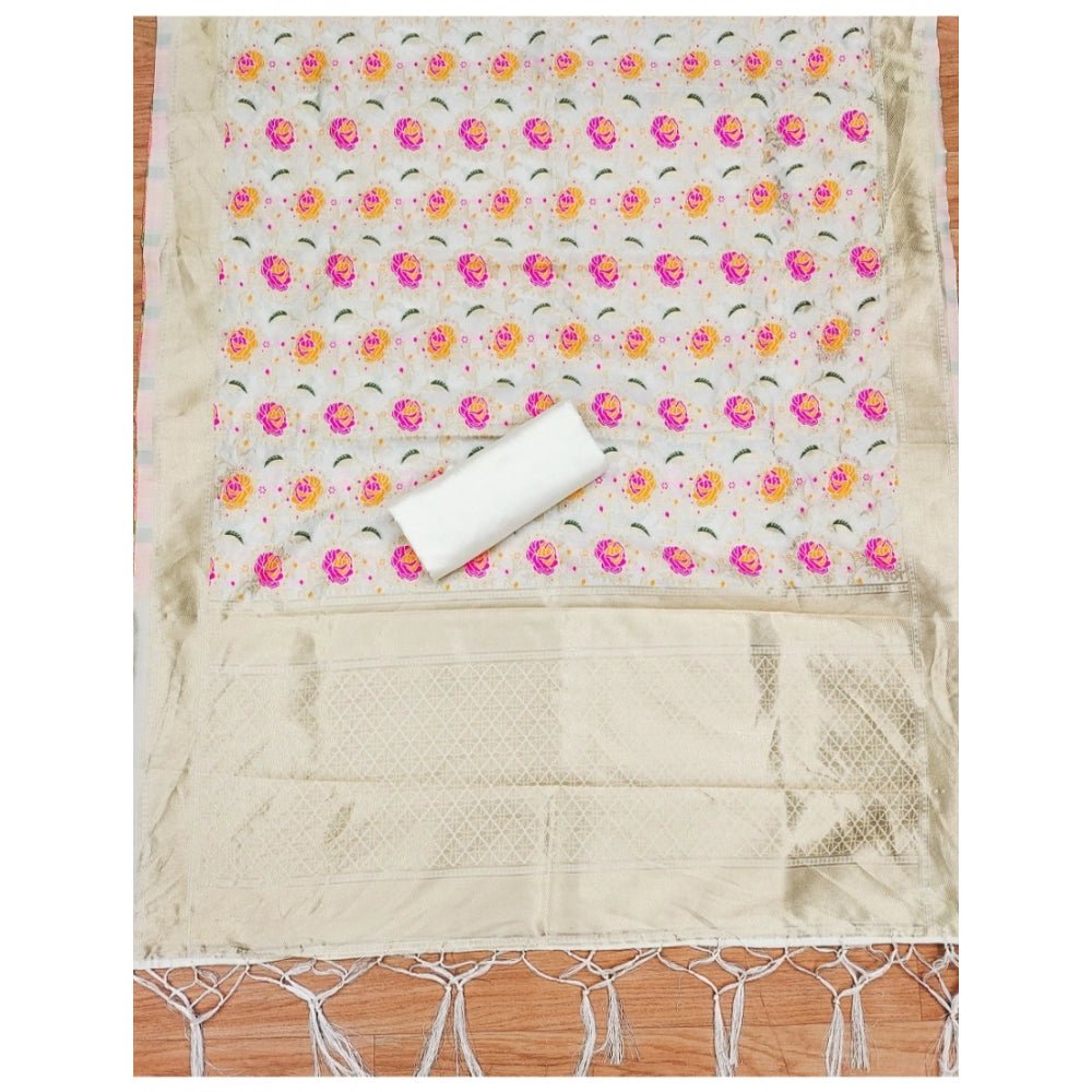 Generic Women's Banarasi Silk Printed Unstitched Salwar Suit Material With Dupatta (White, 3Mtrs) - Salwar Suit - Material