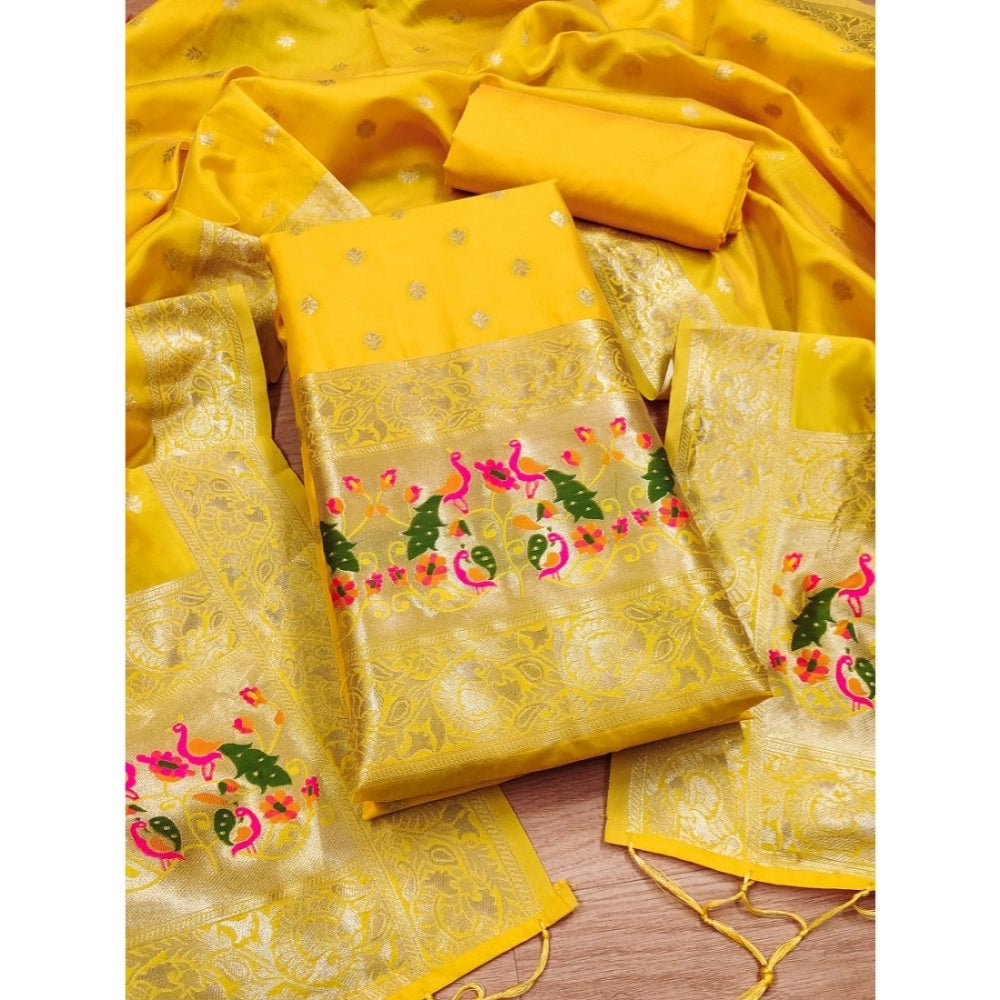 Generic Women's Banarasi Silk Printed Unstitched Salwar Suit Material With Dupatta (Yellow, 3Mtrs) - Salwar Suit - Material