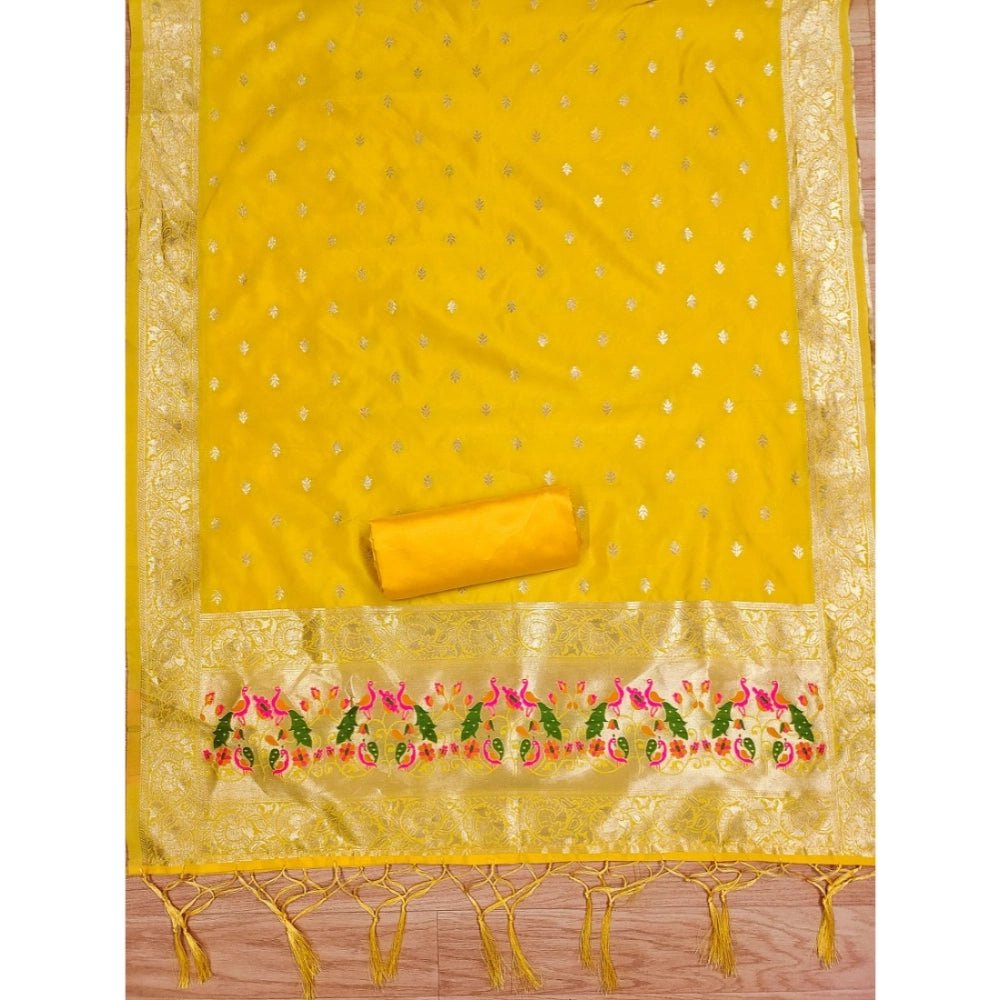 Generic Women's Banarasi Silk Printed Unstitched Salwar Suit Material With Dupatta (Yellow, 3Mtrs) - Salwar Suit - Material