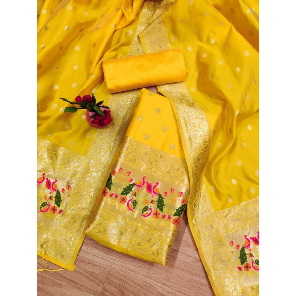 Generic Women's Banarasi Silk Printed Unstitched Salwar Suit Material With Dupatta (Yellow, 3Mtrs) - Salwar Suit - Material