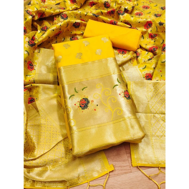 Generic Women's Banarasi Silk Printed Unstitched Salwar Suit Material With Dupatta (Yellow, 3Mtrs) - Salwar Suit - Material