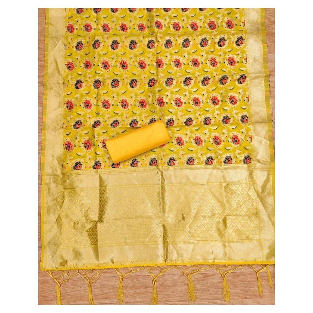 Generic Women's Banarasi Silk Printed Unstitched Salwar Suit Material With Dupatta (Yellow, 3Mtrs) - Salwar Suit - Material