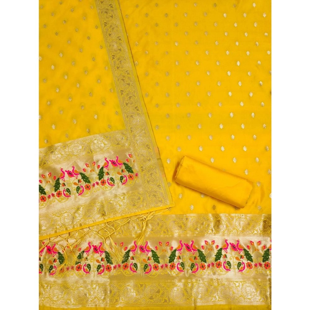 Generic Women's Banarasi Silk Printed Unstitched Salwar Suit Material With Dupatta (Yellow, 3Mtrs) - Salwar Suit - Material