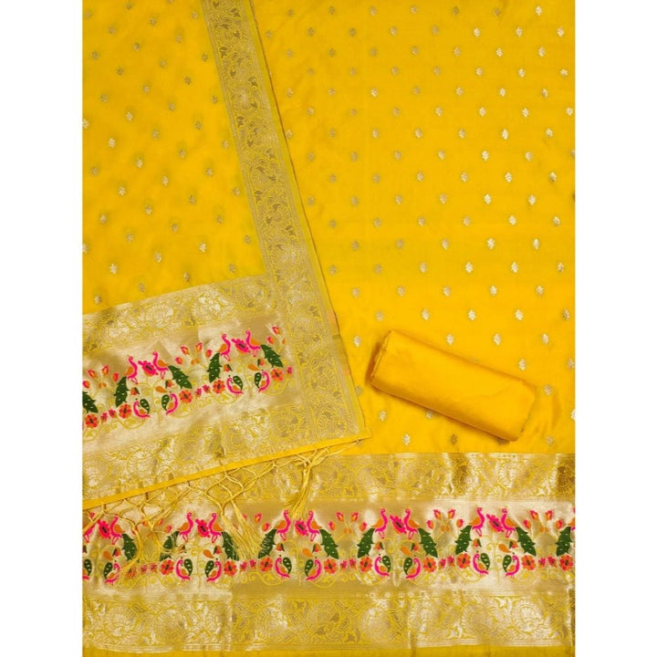 Generic Women's Banarasi Silk Printed Unstitched Salwar Suit Material With Dupatta (Yellow, 3Mtrs) - Salwar Suit - Material