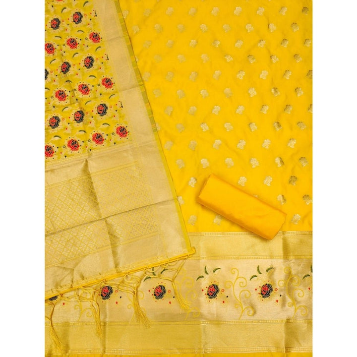 Generic Women's Banarasi Silk Printed Unstitched Salwar Suit Material With Dupatta (Yellow, 3Mtrs) - Salwar Suit - Material