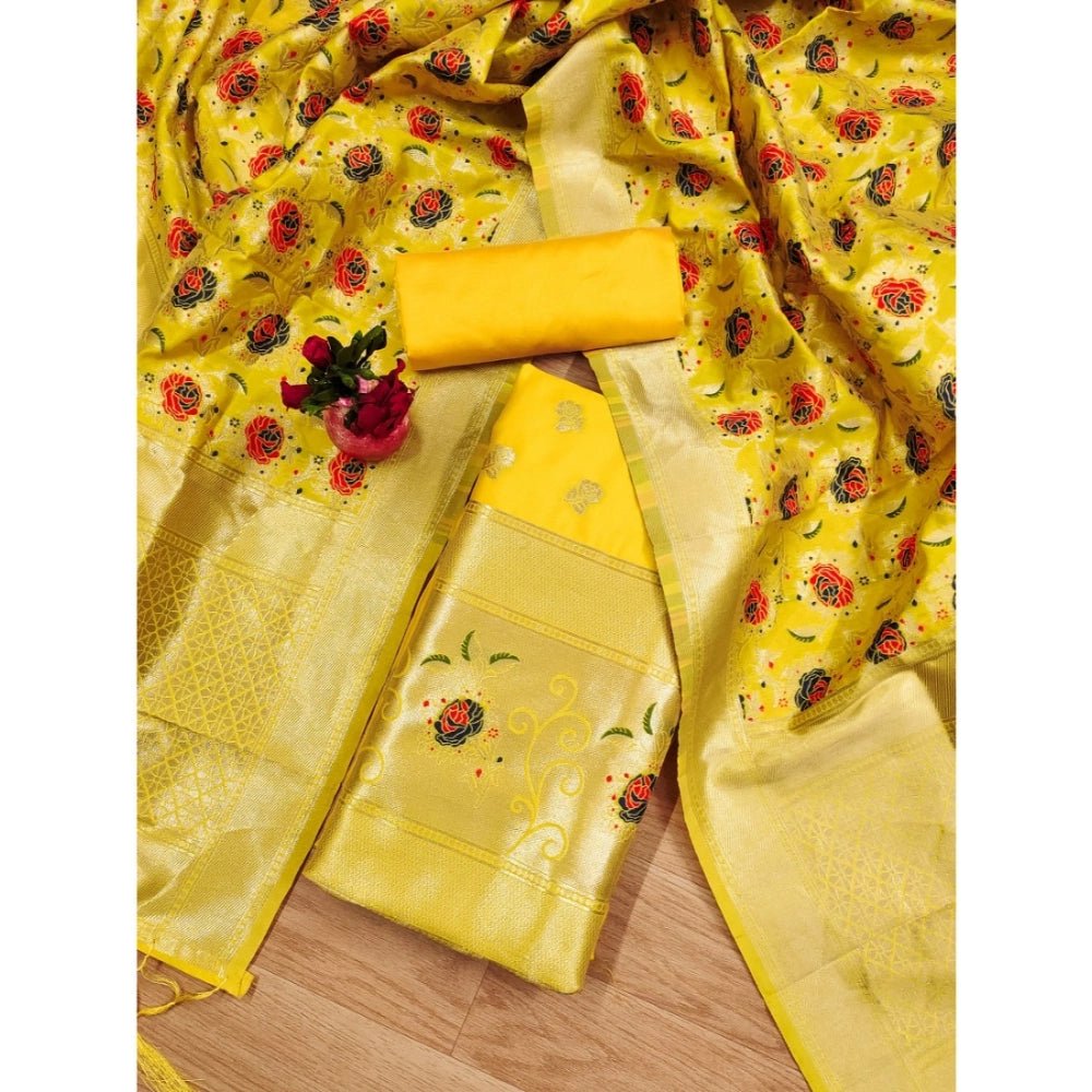 Generic Women's Banarasi Silk Printed Unstitched Salwar Suit Material With Dupatta (Yellow, 3Mtrs) - Salwar Suit - Material