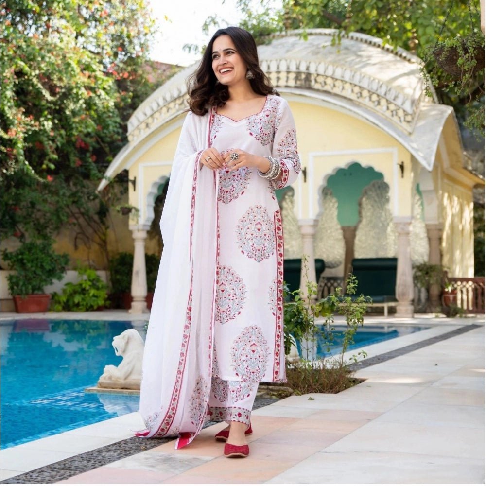 Generic Women's Casual 3/4th Sleeve Floral Print Cotton Kurti Set (White) - Women's Kurti Sets