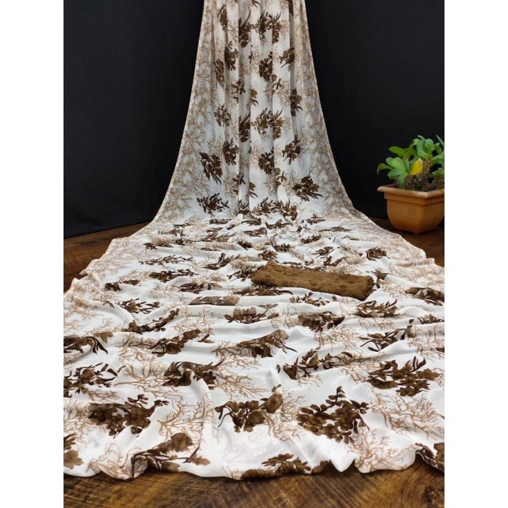 Generic Women's Georgette Printed Saree With Unstitched Blouse (Coffee) - Sarees