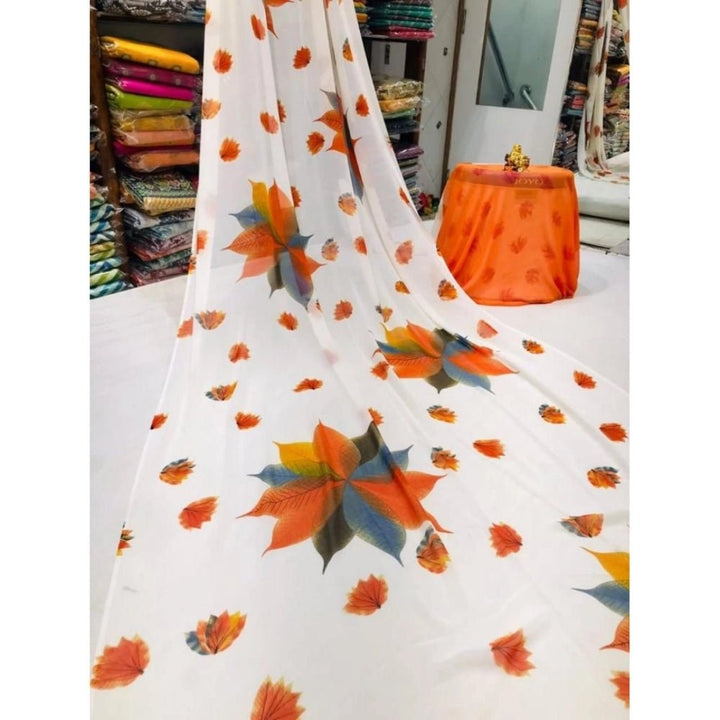 Generic Women's Georgette Printed Saree With Unstitched Blouse (Orange) - Sarees