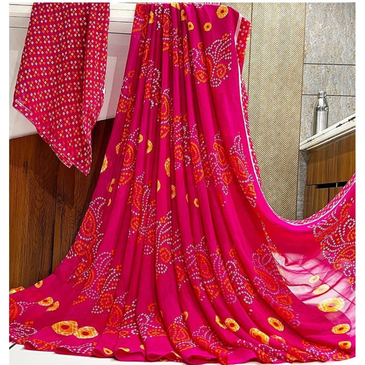 Generic Women's Georgette Printed Saree With Unstitched Blouse (Pink) - Sarees