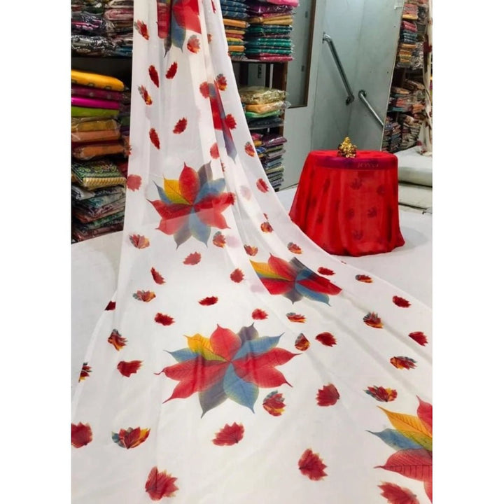 Generic Women's Georgette Printed Saree With Unstitched Blouse (Red) - Sarees