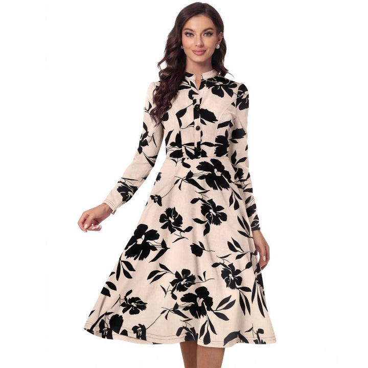 Generic Women's Knitting Printed V - Neck Full Sleeve Dress (Cream) - Womens Dress