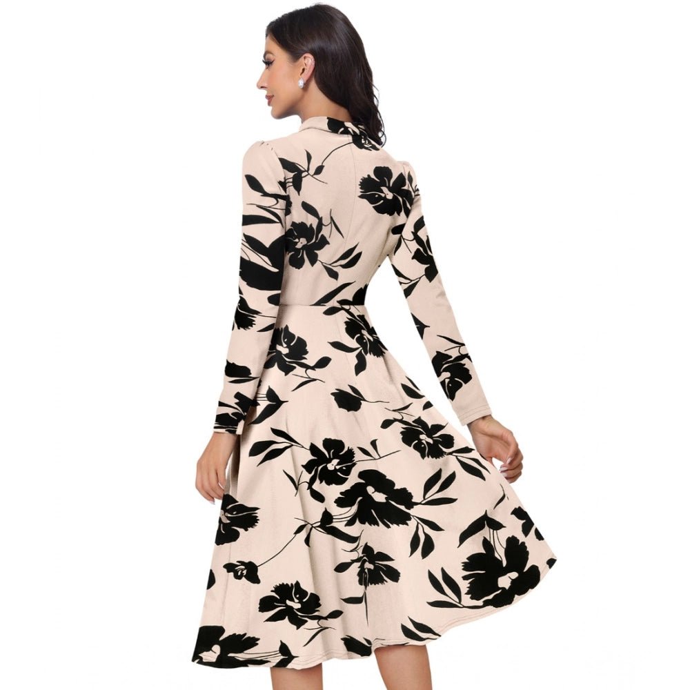 Generic Women's Knitting Printed V - Neck Full Sleeve Dress (Cream) - Womens Dress