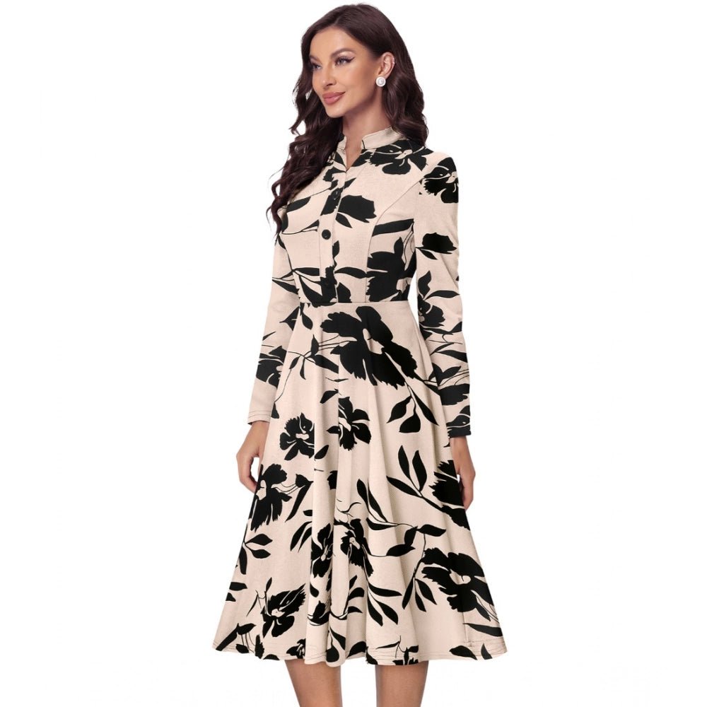 Generic Women's Knitting Printed V - Neck Full Sleeve Dress (Cream) - Womens Dress
