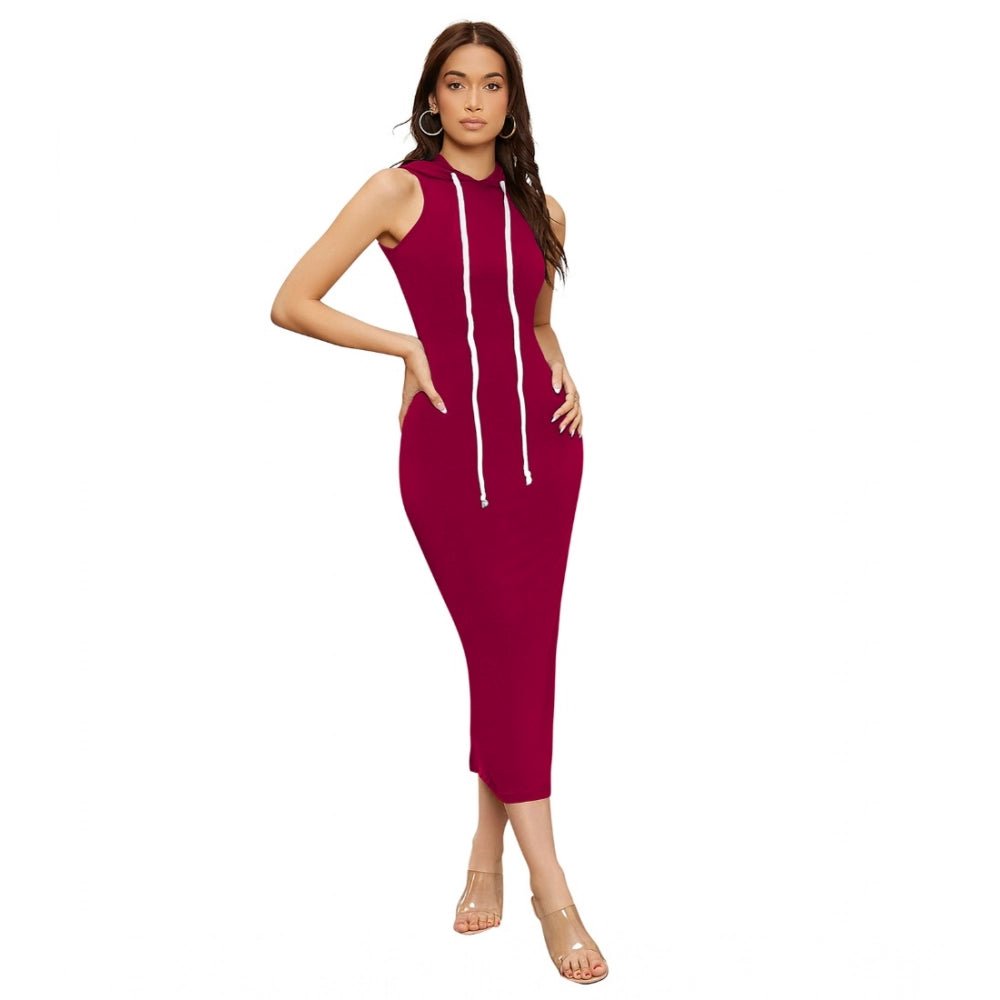 Generic Women's Knitting stretchable Solid Round Neck Sleeveless Dress (Maroon) - Womens Dress