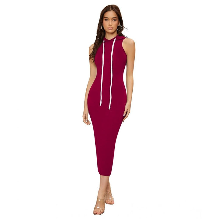Generic Women's Knitting stretchable Solid Round Neck Sleeveless Dress (Maroon) - Womens Dress