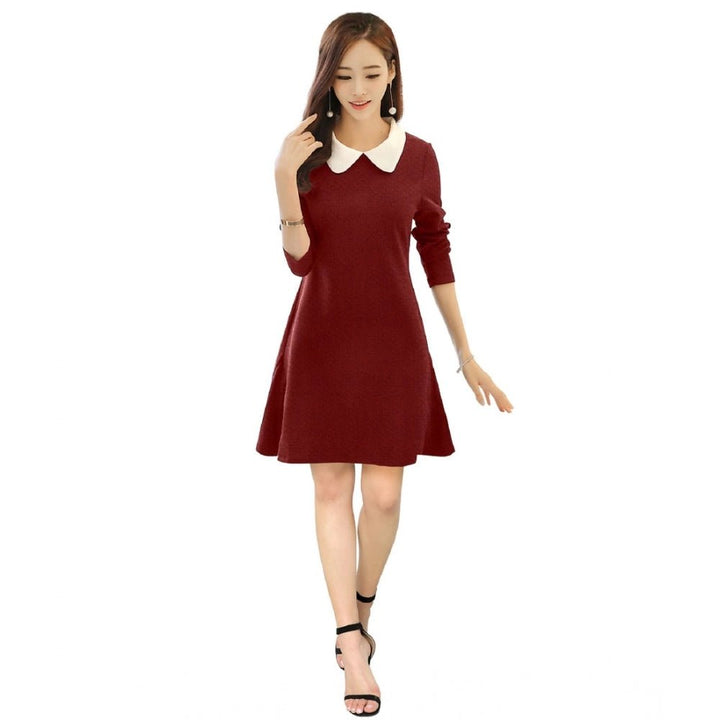 Generic Women's Polyester Solid Collar 3 - 4th Dress (Maroon) - Womens Dress