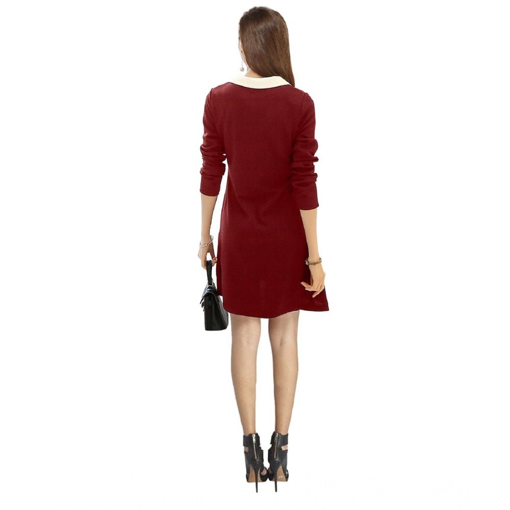 Generic Women's Polyester Solid Collar 3 - 4th Dress (Maroon) - Womens Dress