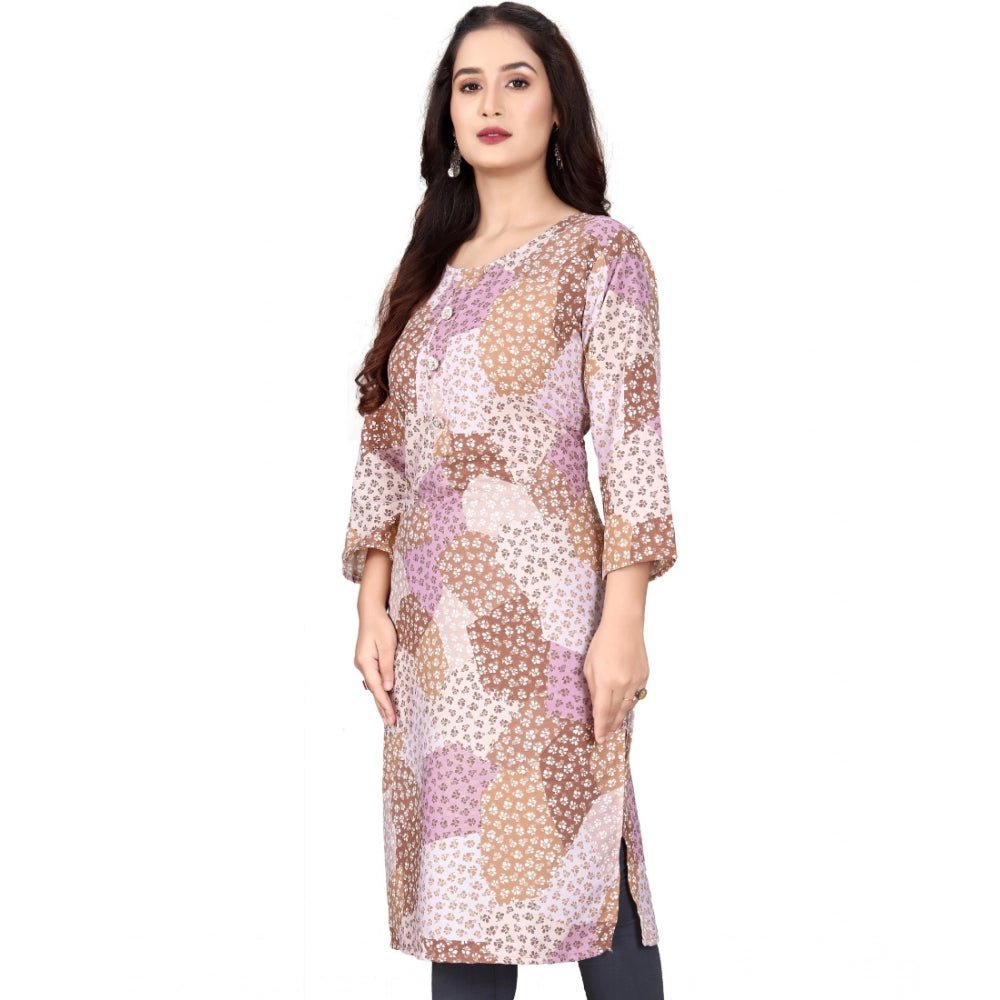 Generic Women's Rayon Printed Round Neck 3 - 4th Sleeve Kurti (Brown) - Women's Kurtis
