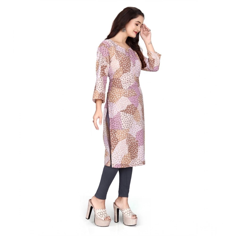 Generic Women's Rayon Printed Round Neck 3 - 4th Sleeve Kurti (Brown) - Women's Kurtis