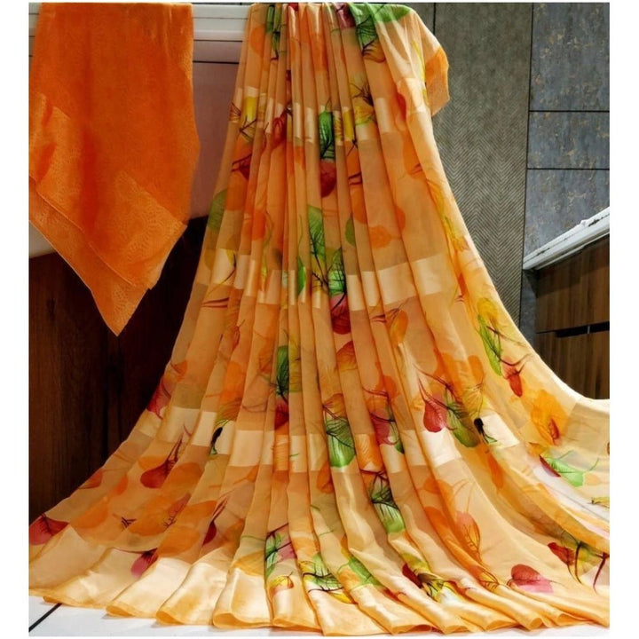 Generic Women's Satin Patta Printed Saree With Unstitched Blouse (Orange) - Sarees