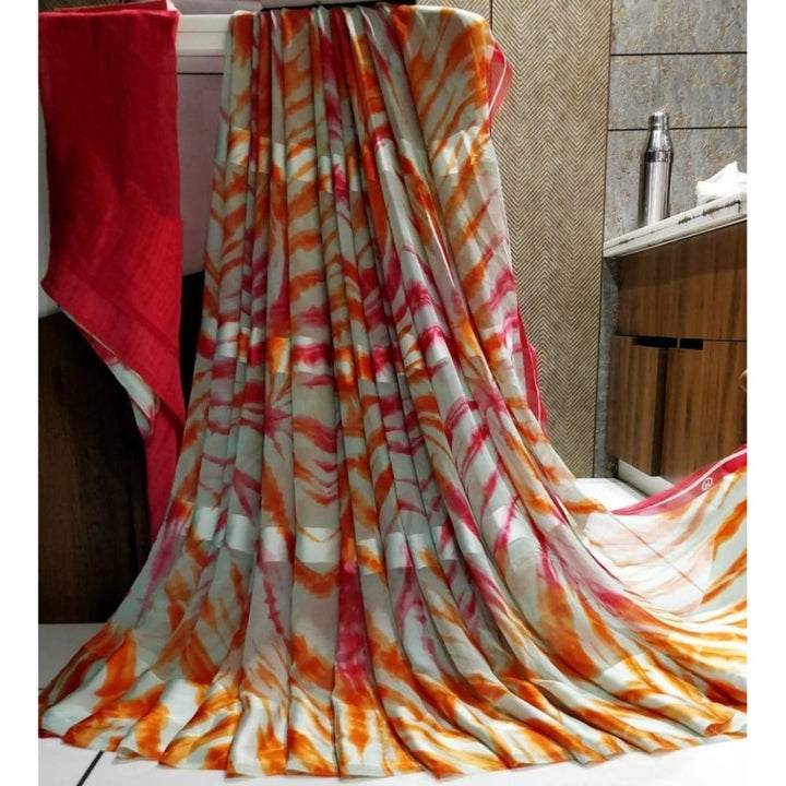 Generic Women's Satin Patta Printed Saree With Unstitched Blouse (Orange) - Sarees