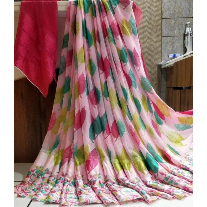 Generic Women's Satin Patta Printed Saree With Unstitched Blouse (Pink) - Sarees
