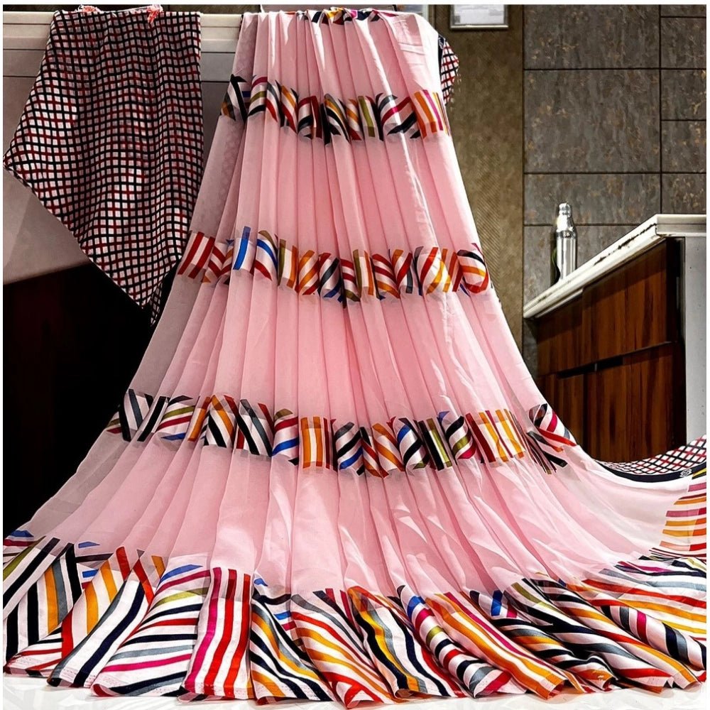 Generic Women's Satin Patta Printed Saree With Unstitched Blouse (Pink) - Sarees