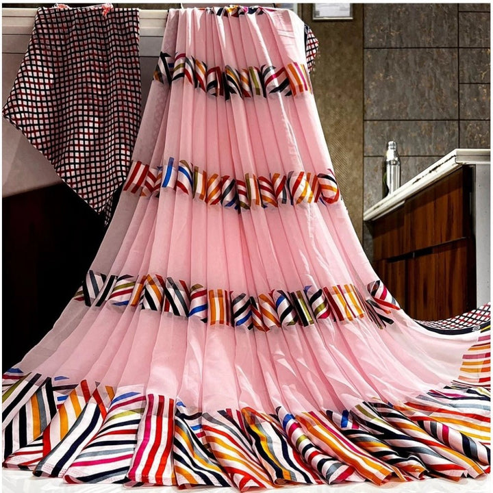 Generic Women's Satin Patta Printed Saree With Unstitched Blouse (Pink) - Sarees