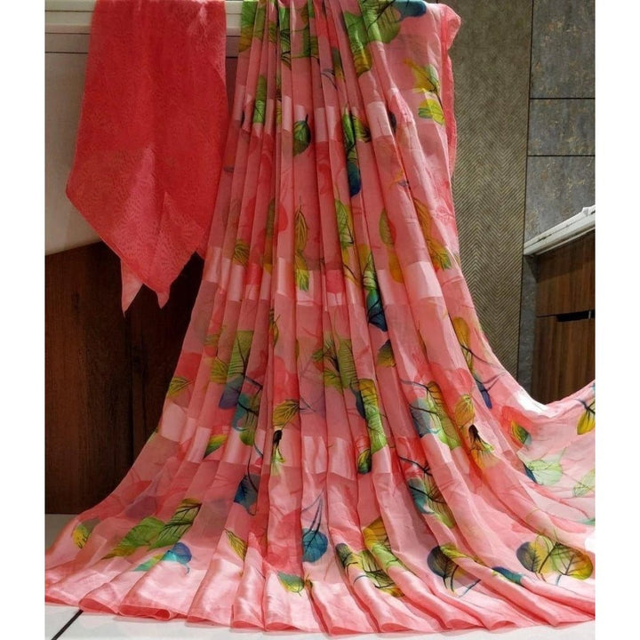Generic Women's Satin Patta Printed Saree With Unstitched Blouse (Pink) - Sarees