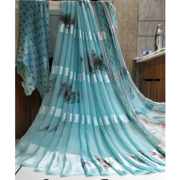 Generic Women's Satin Patta Printed Saree With Unstitched Blouse (Skyblue) - Sarees