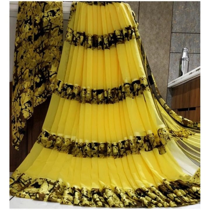Generic Women's Satin Patta Printed Saree With Unstitched Blouse (Yellow) - Sarees