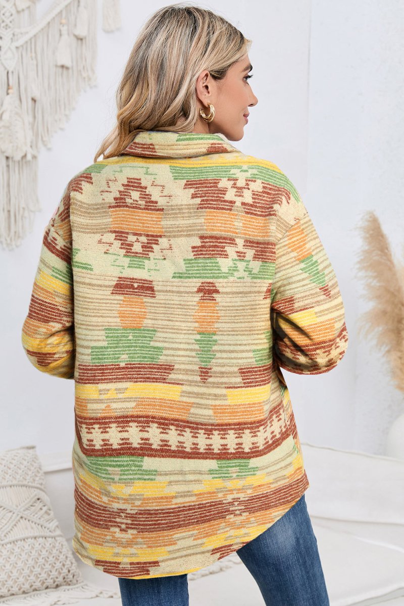 Geometric Button Down Collared Jacket - Outerwear