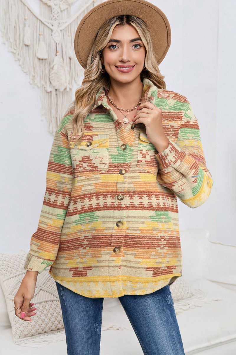 Geometric Button Down Collared Jacket - Outerwear