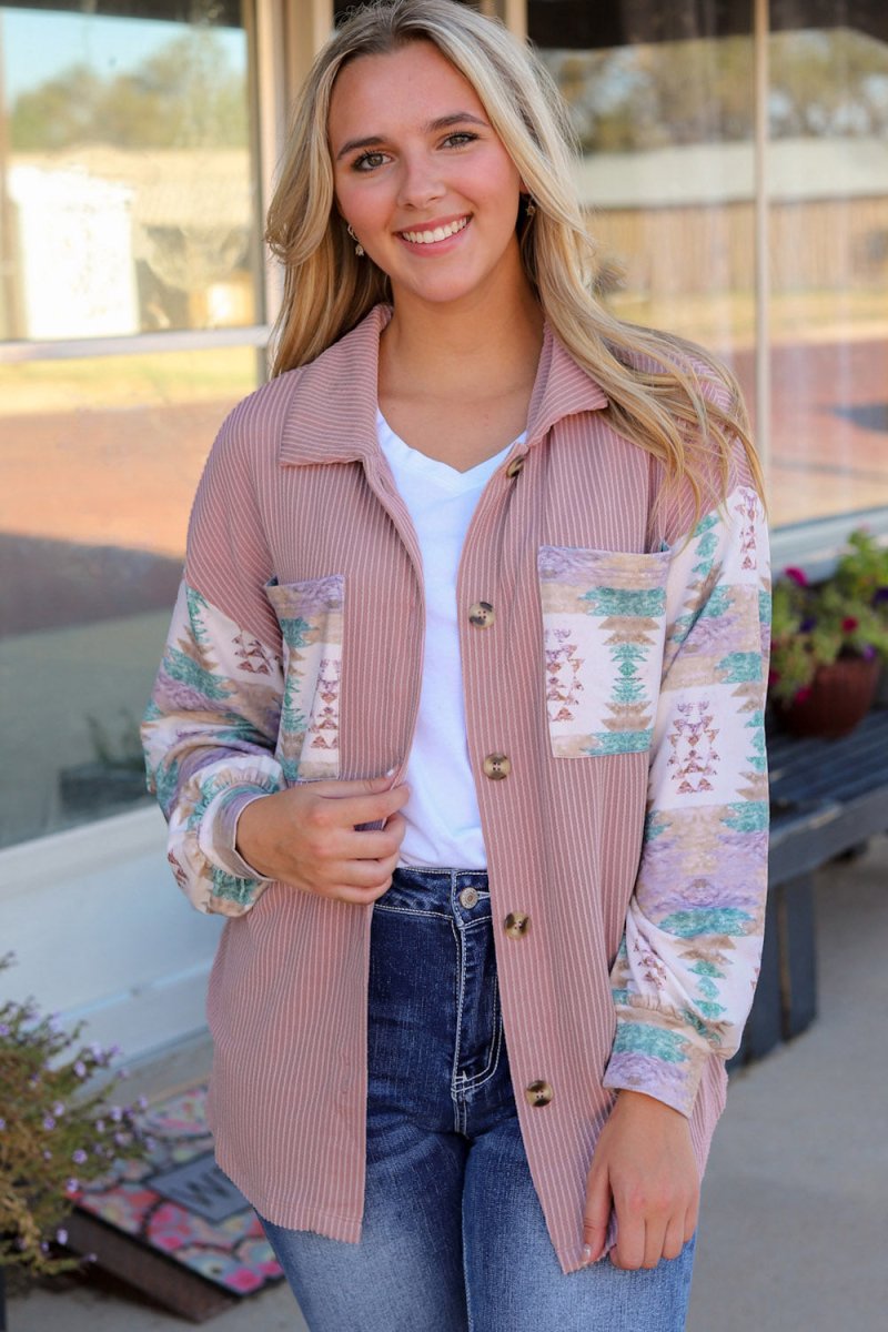 Geometric Button Down Collared Jacket - Outerwear