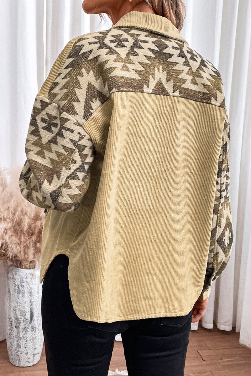 Geometric Button Down Collared Jacket - Outerwear