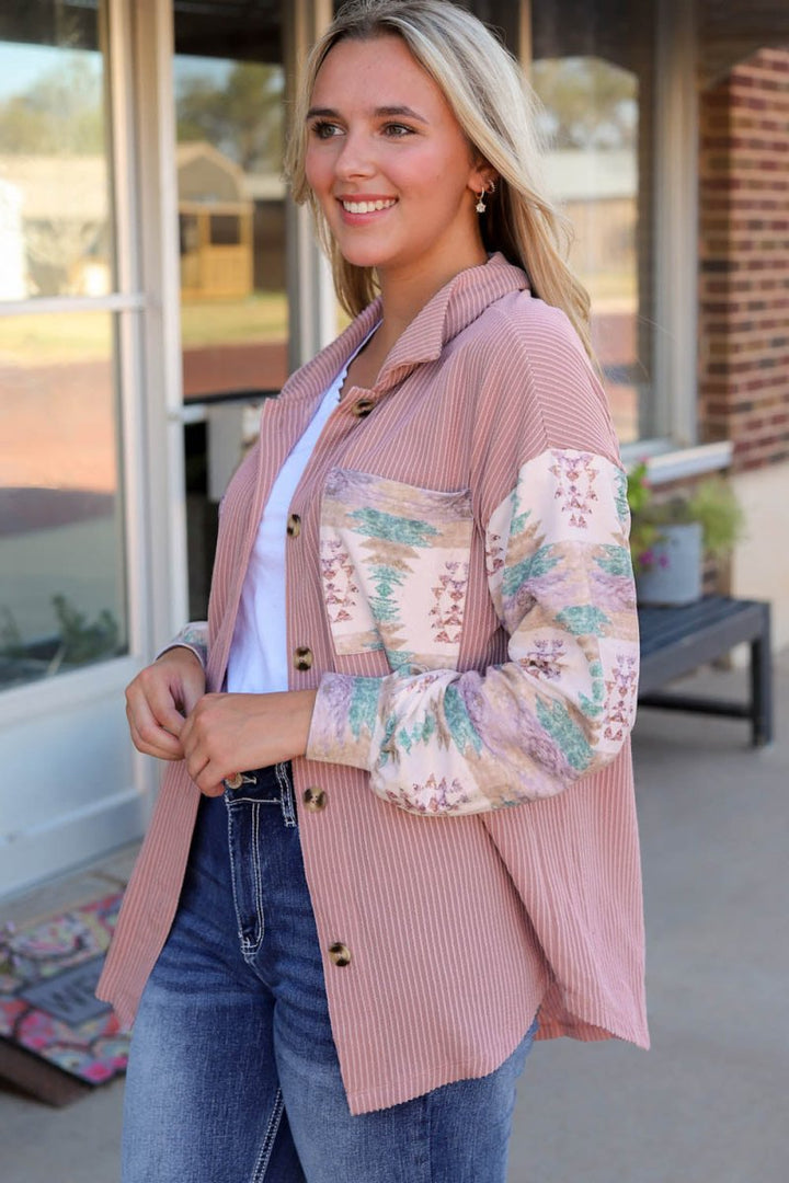 Geometric Button Down Collared Jacket - Outerwear