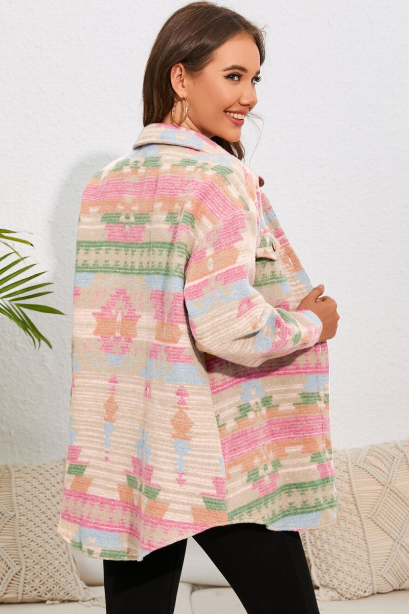 Geometric Button Down Collared Jacket - Outerwear