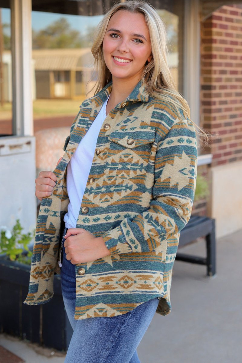 Geometric Button Down Collared Jacket - Outerwear