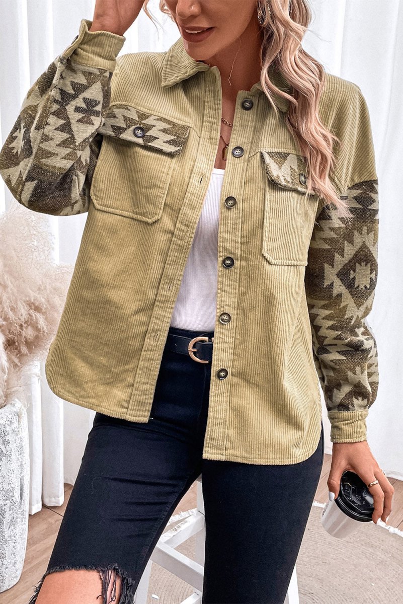 Geometric Button Down Collared Jacket - Outerwear