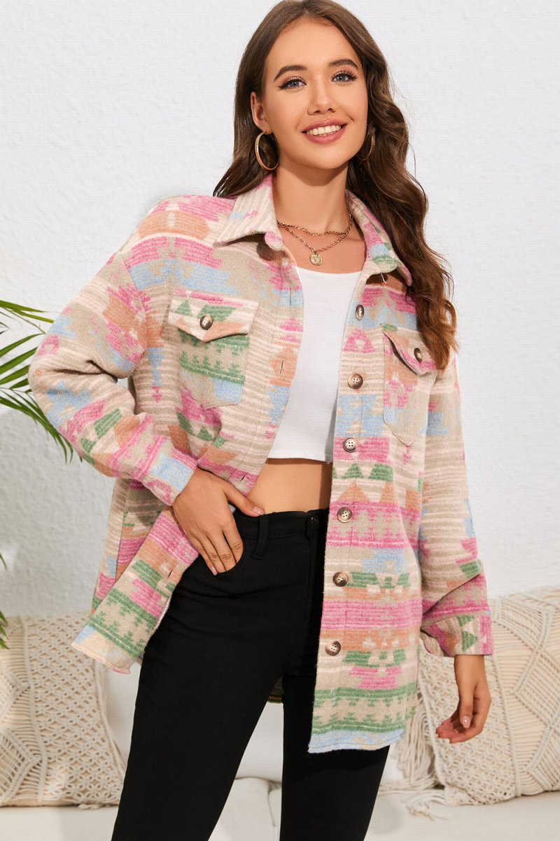 Geometric Button Down Collared Jacket - Outerwear
