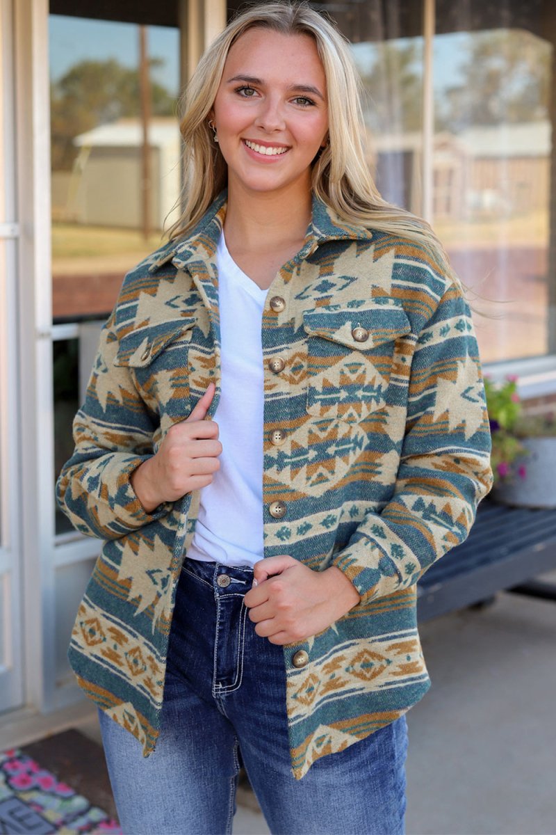 Geometric Button Down Collared Jacket - Outerwear