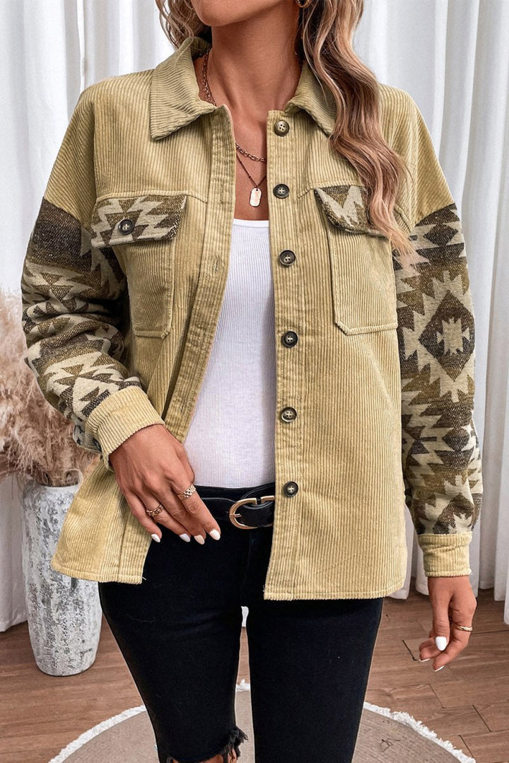 Geometric Button Down Collared Jacket - Outerwear